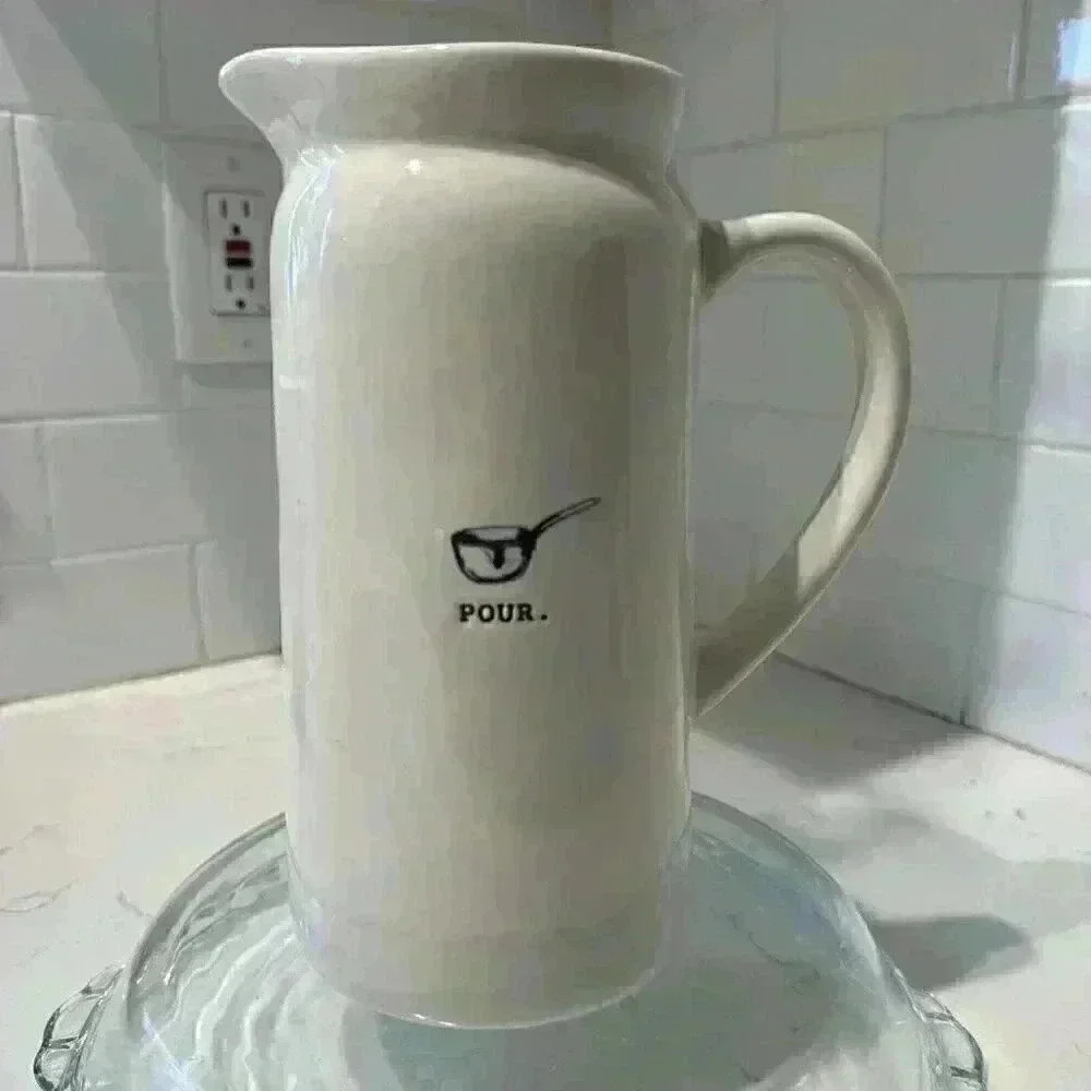 Rae Dunn Magenta Ivory Farmhouse POUR. Icon Graphic Beverage Carafe Pitcher Used